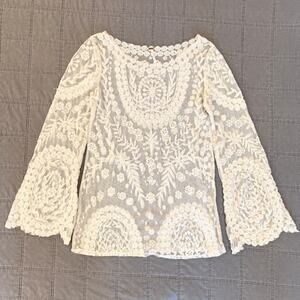 Free People Sheer Cream Lace Long Bell Sleeve Top Embroidery Floral Crochet XS